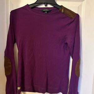 Lauren by Ralph Lauren Medium Purple Long Sleeve Top with Leather Accents Elbows